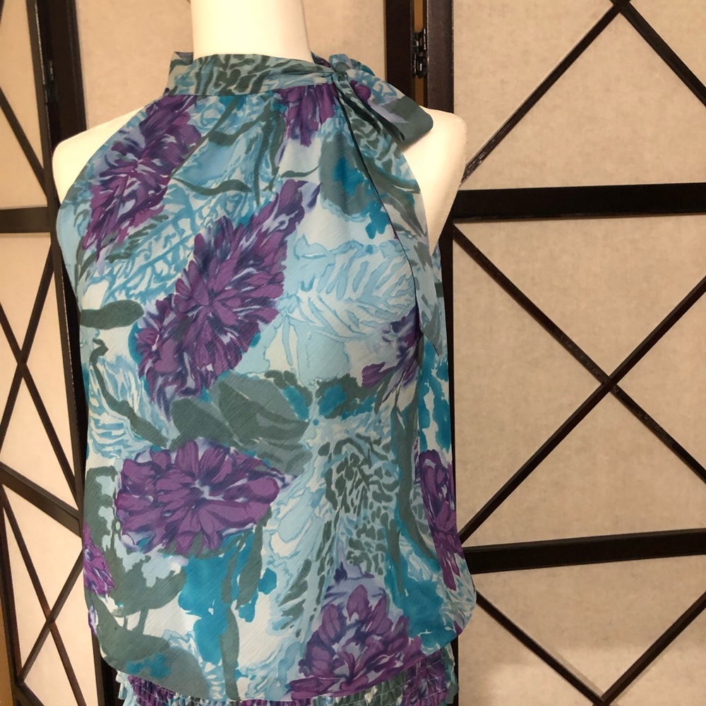 Blue flowered tied halter.